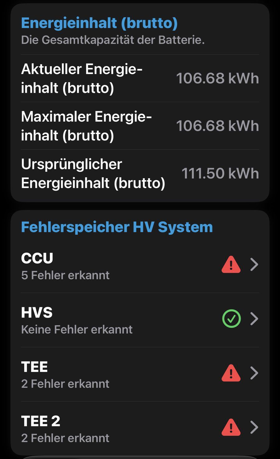 OBD app showing battery state and the high-voltage fault memory