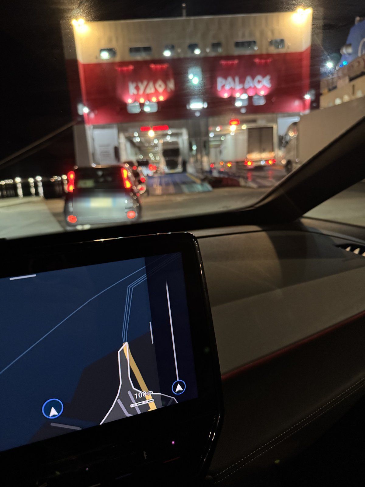 Driving onto the “Kydon Palace” ferry in Brindisi at night